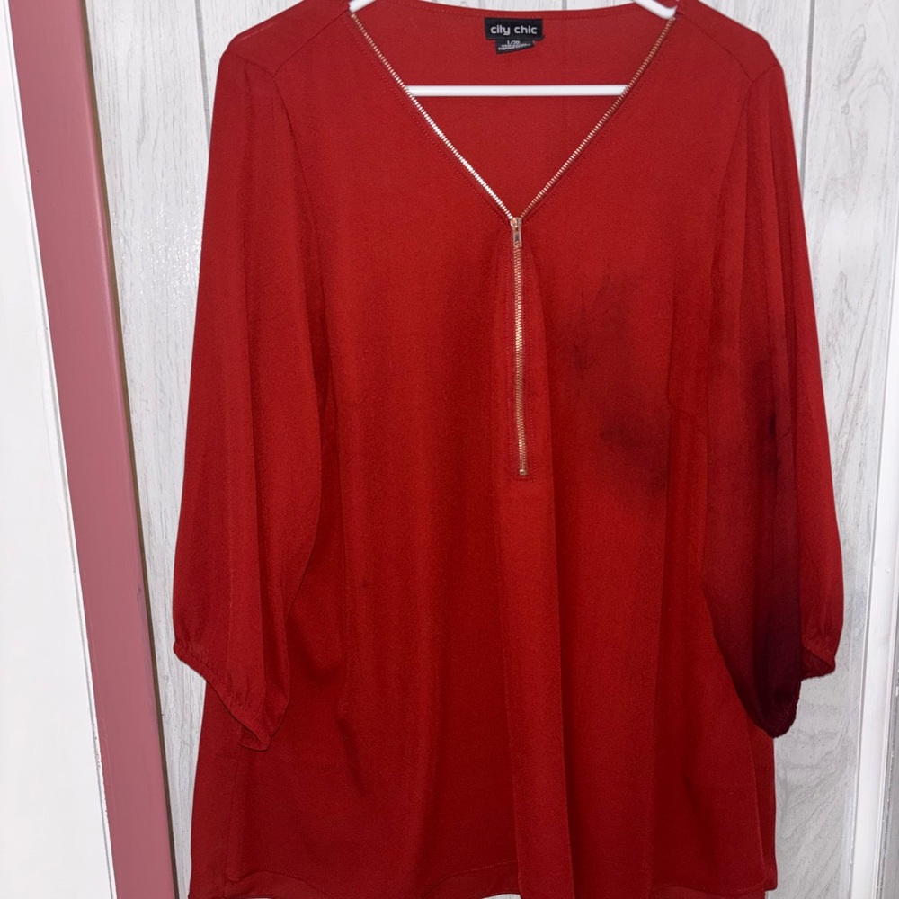 City Chic Red V-Neck Blouse with Zip Detail